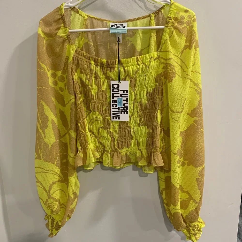 Yellow Smocked Ruffled Crop Blouse - Picture 1 of 7